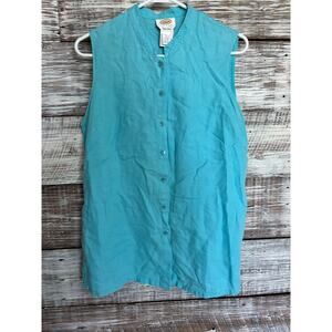 Talbots Linen Shirt Sleeveless Button Front Top Blue Coastal Summer Chic L